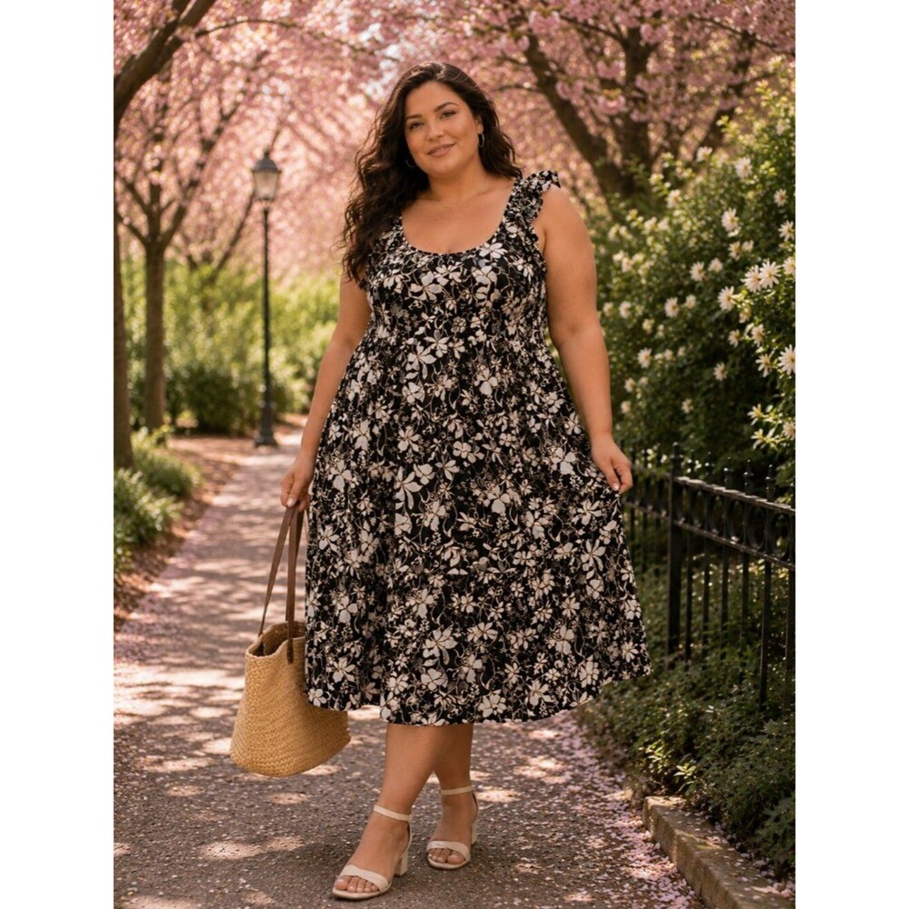 Ava & Viv Linen Blend Floral Print Black Casual Garden Vacation Dress